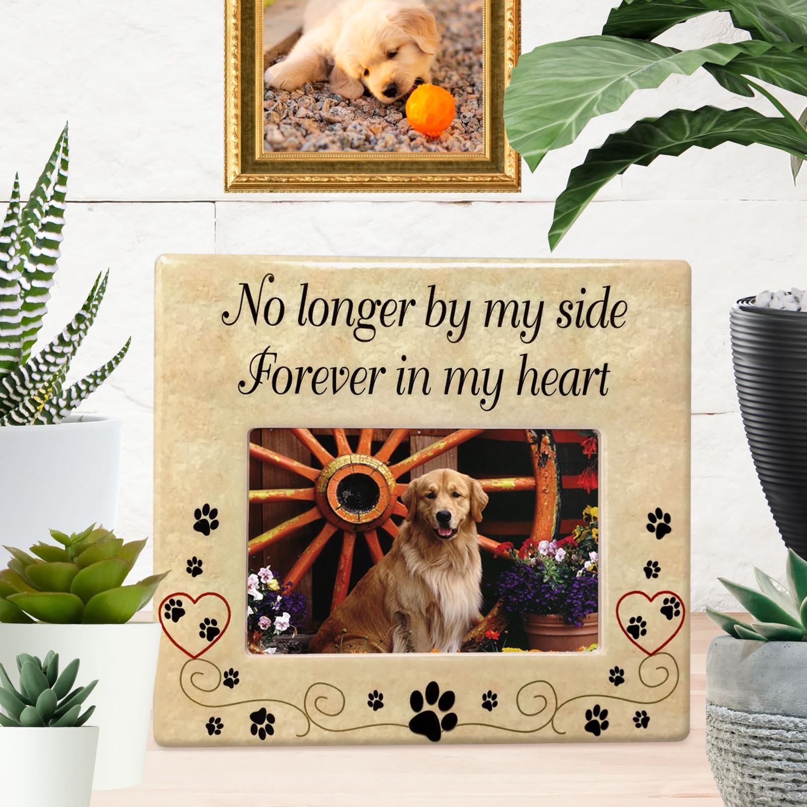 Pet Memorial Picture Frame, Ceramic Pet Loss Gift with Sympathy Quote “No Lon…