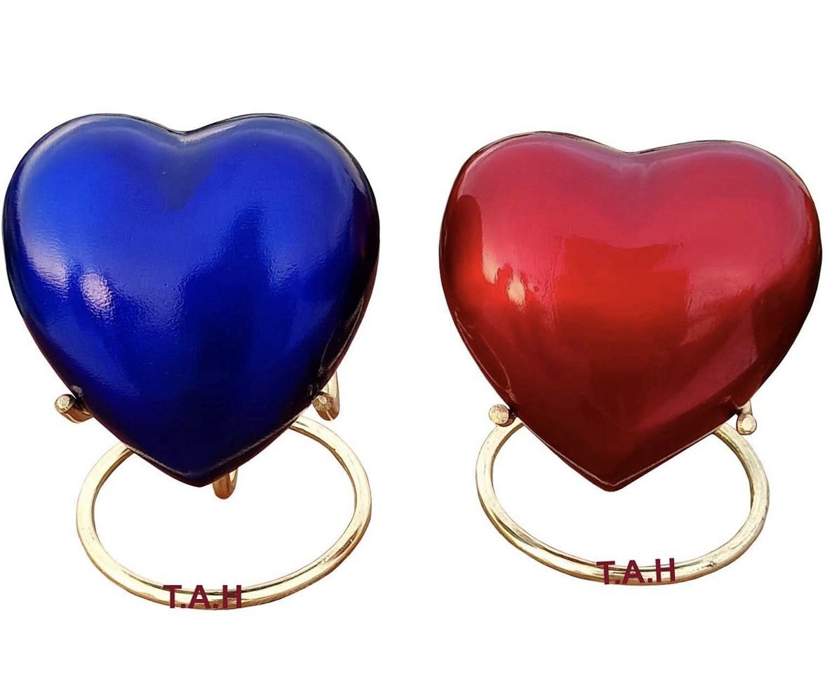 Set of 2 Red and Blue Heart Keepsake Mini Heart Cremation Urn with Brass Stand