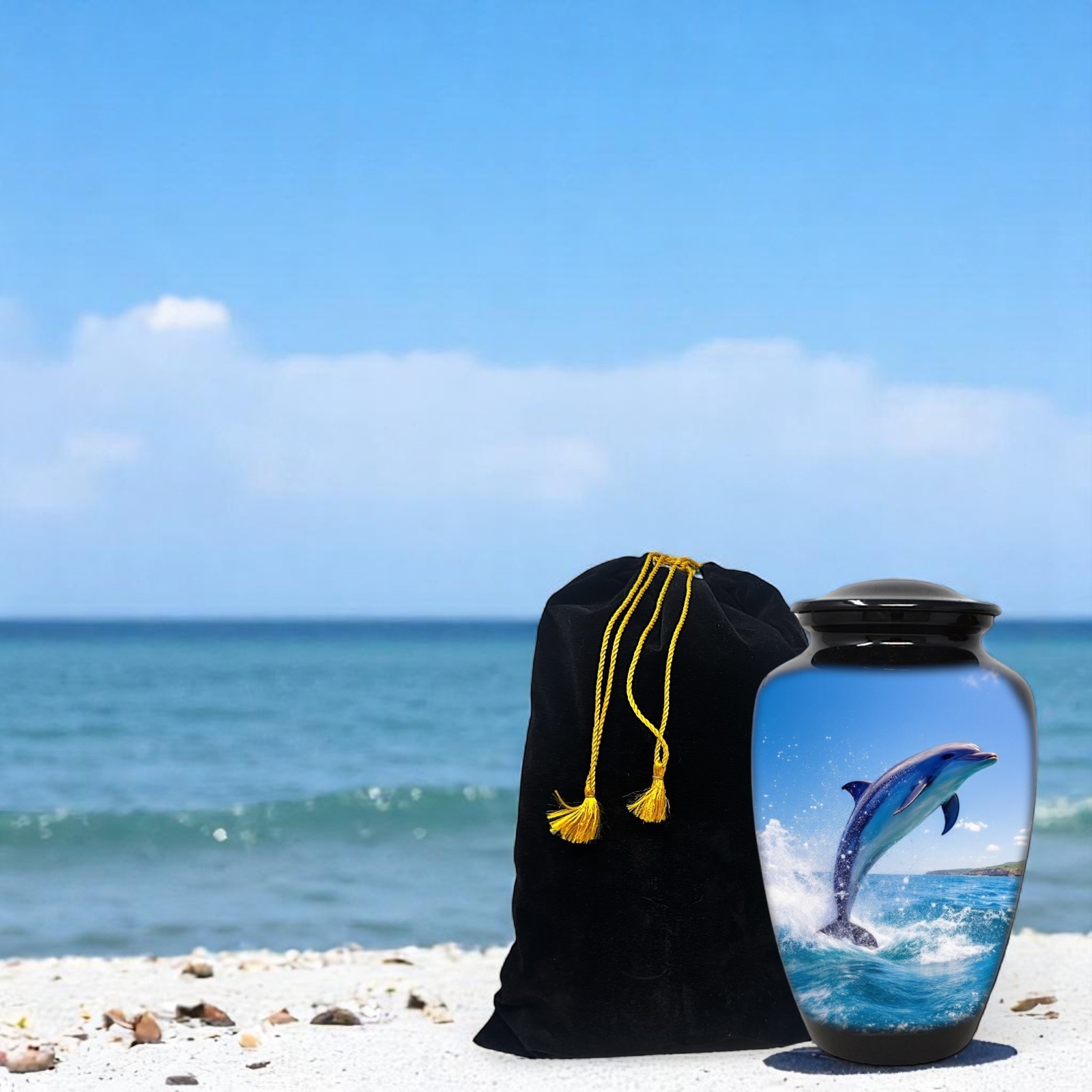 Large Adult Urn for Human Ashes Blue Dolphin Cremation Urn with Velvet Bag