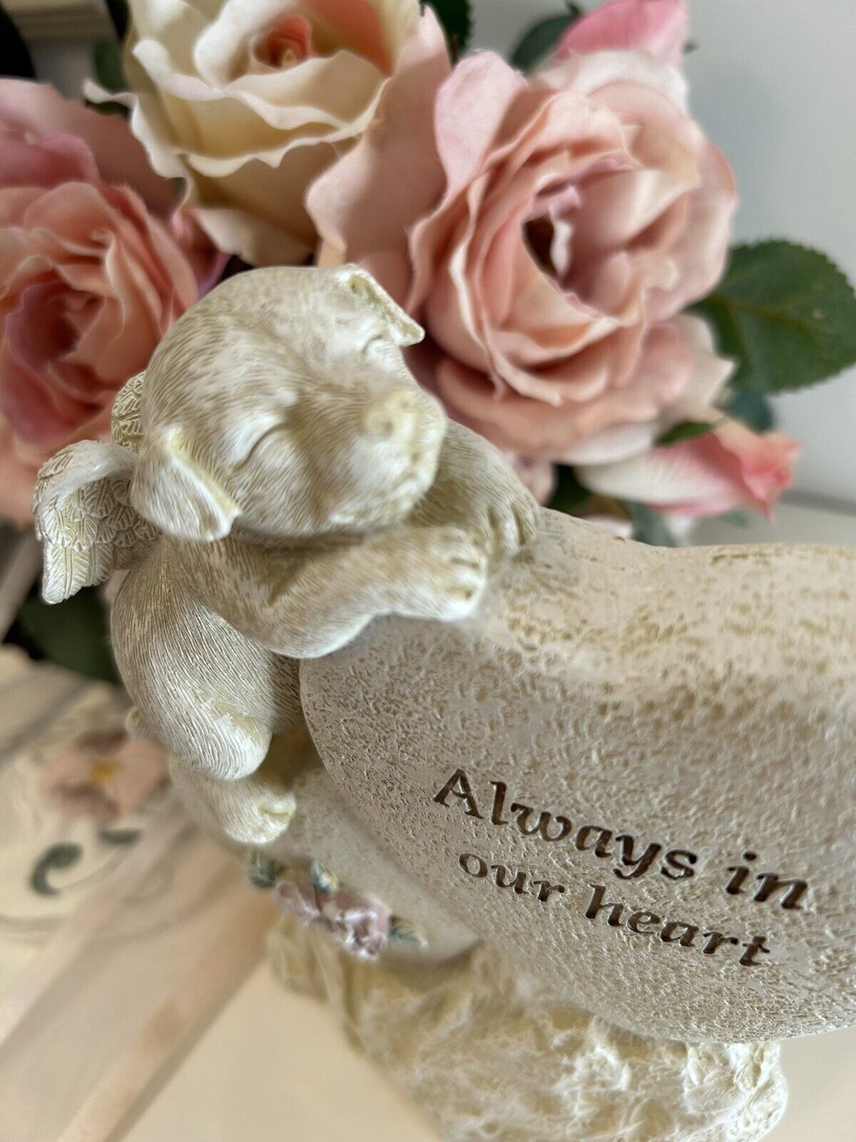 ~❤️~DOG MEMORIAL Plaque Sleeping Pet On Heart wings Angel Statue Figurine ❤️