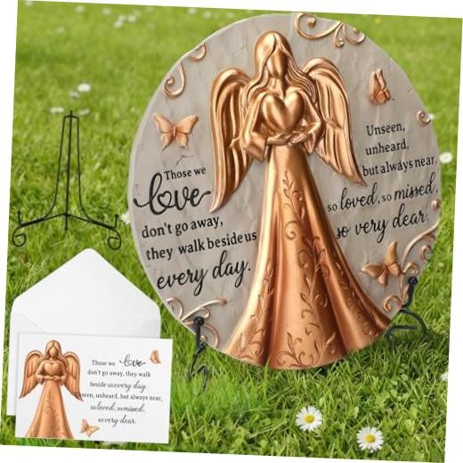 Bronze Angel Memorial Garden Stone with Plaque Stand and Sympathy Card,