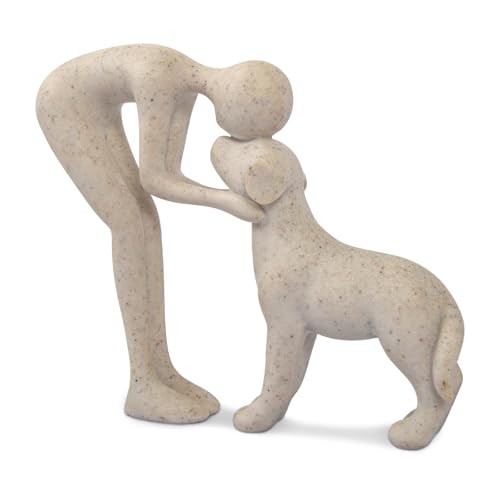 Abstract Resin Hand-Painted Sculpture of Person and Dog Bonding – Sandstone
