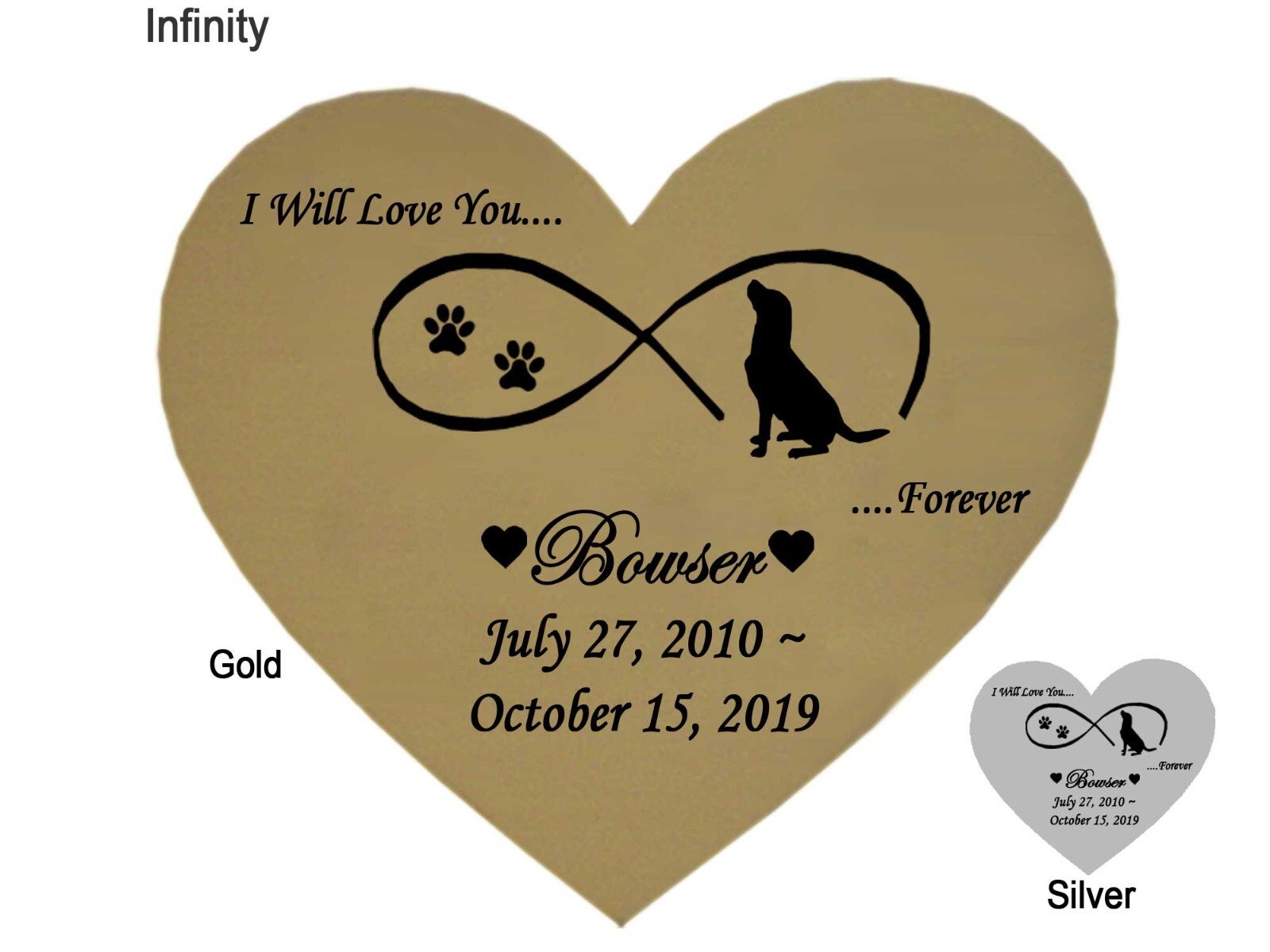 Dog Name Plate Engraved Memorial Heart Shape Pet Loss – Gold or Silver – 2 Sizes