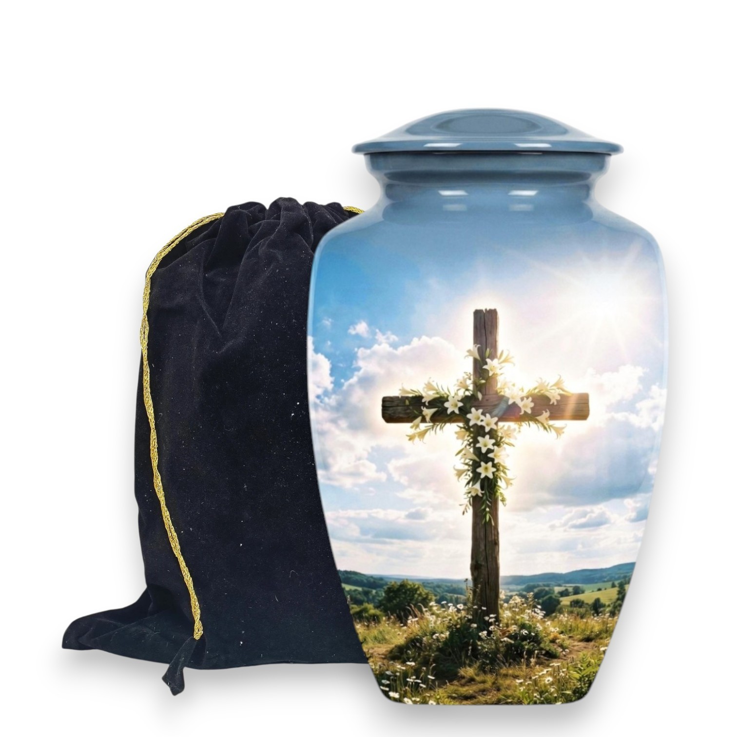 Large Blue Christian Cross Cremation Urn Human Ashes Adult for Your Love Ones