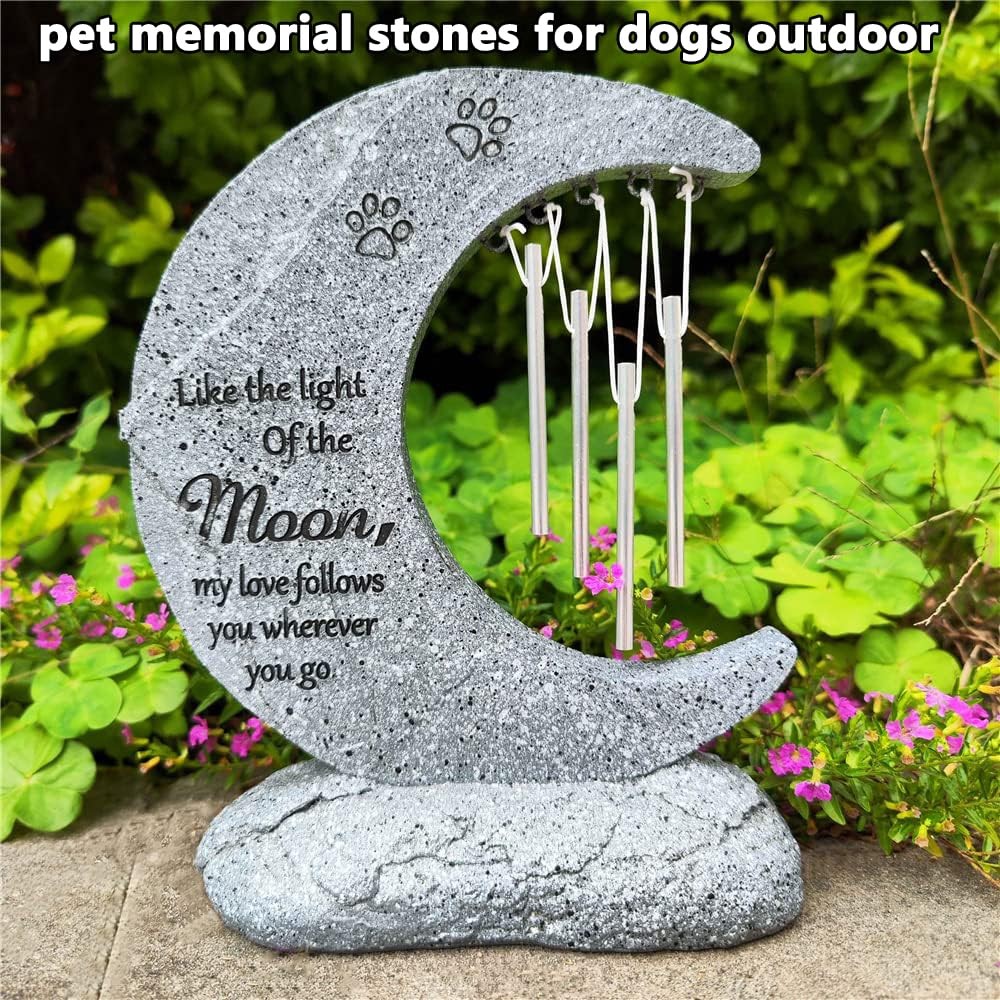 Moon Shaped Pet Memorial Stones for Dogs with Wind Chimes, Paw Prints Headsto…