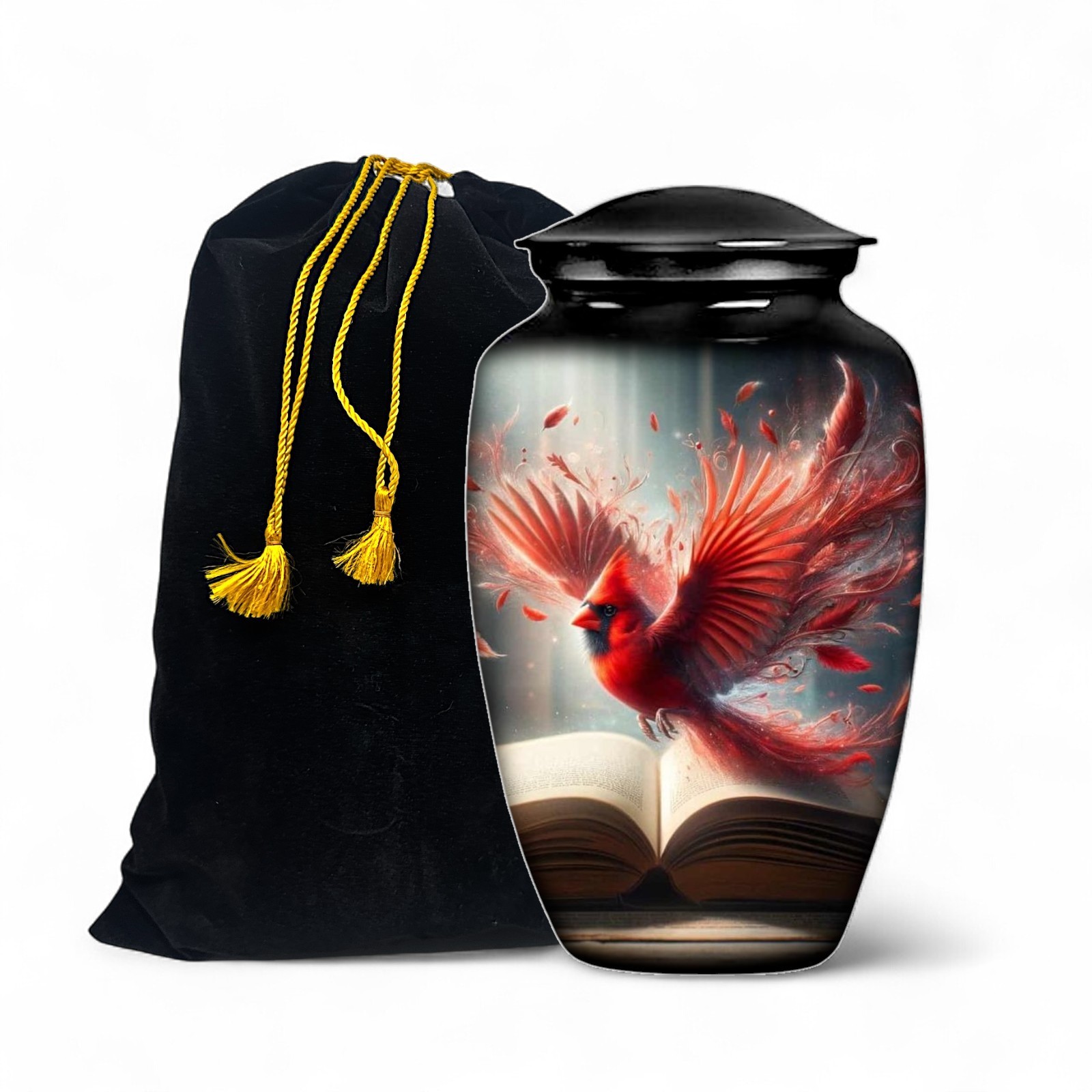 Large Adult Urn for Human Ashes Red Cardinal Memorial Urn with Velvet Bag