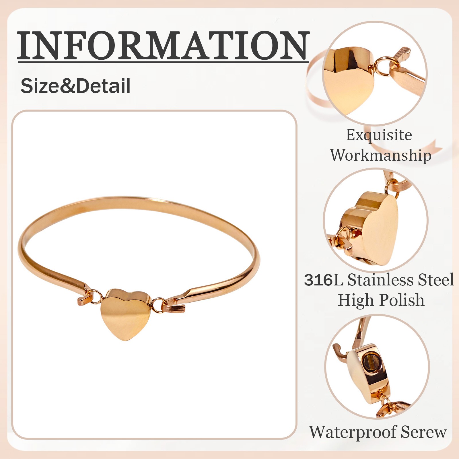 Rose Gold Heart Urn Bracelet For Cats&Dogs Ashes Stainless Steel Waterproof