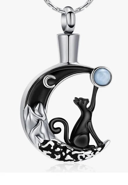 Black Cat Moon Stone Cremation Necklace Holds Ashes Urn Pendant Jewelry Gift Lov