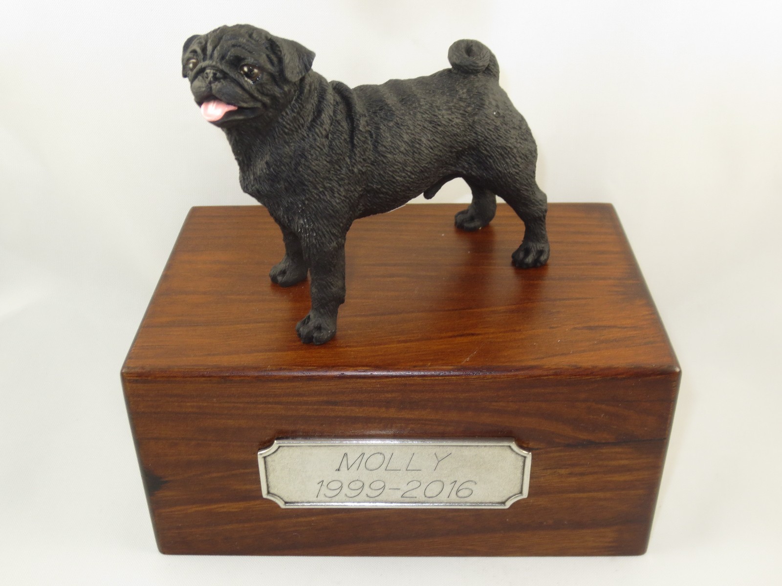 Beautiful Paulownia Wood Personalized Urn with Black Pug Figurine