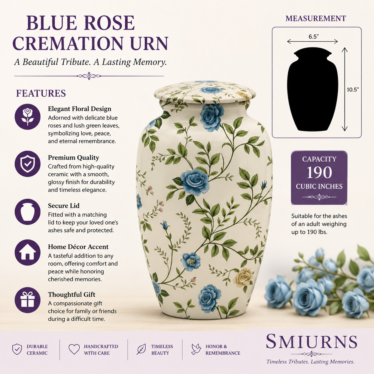Large Adult Cremation Urn Human Ashes Floral Design 190 Cu In Funeral Urns New..