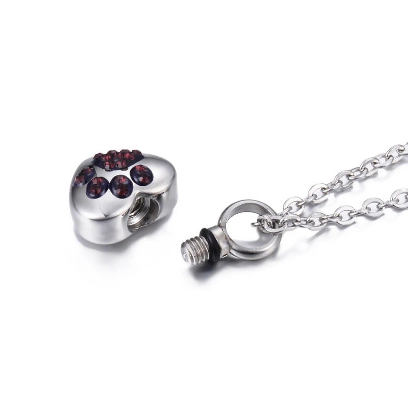 Tiny Pet Cremation Pendant Necklace Girls Ladies Crystal Paw Print Blue Purple