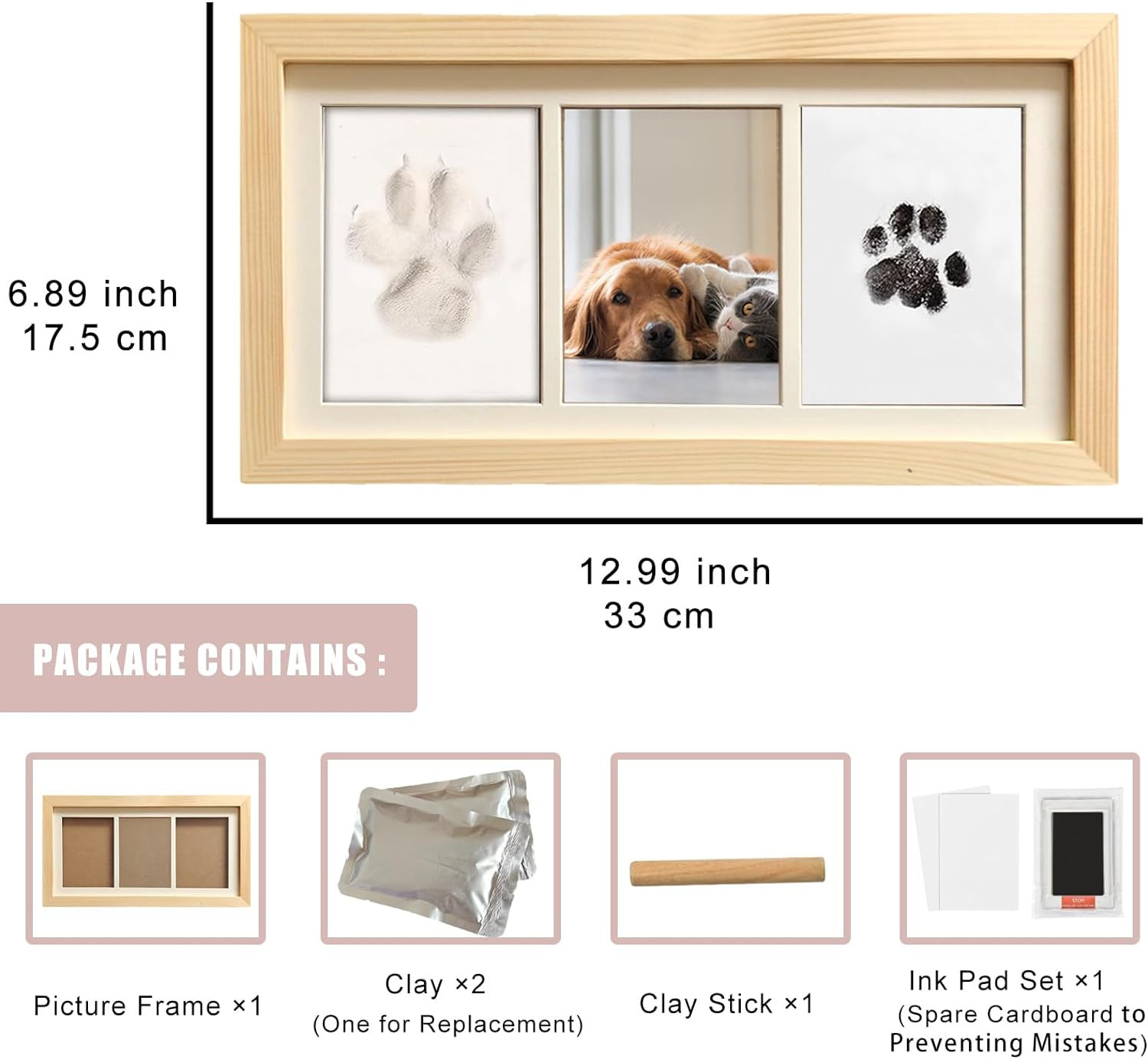 Paw Print Impression Kit for Dogs and Cats, 2 Clay, Large Ink Pad, Wooden Pictur