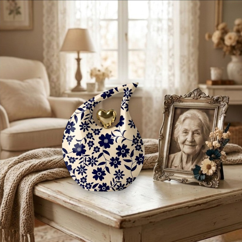 Blue Daisy Floral Aluminum Cremation Urn 200 Cu In Adult Ashes Gold Heart