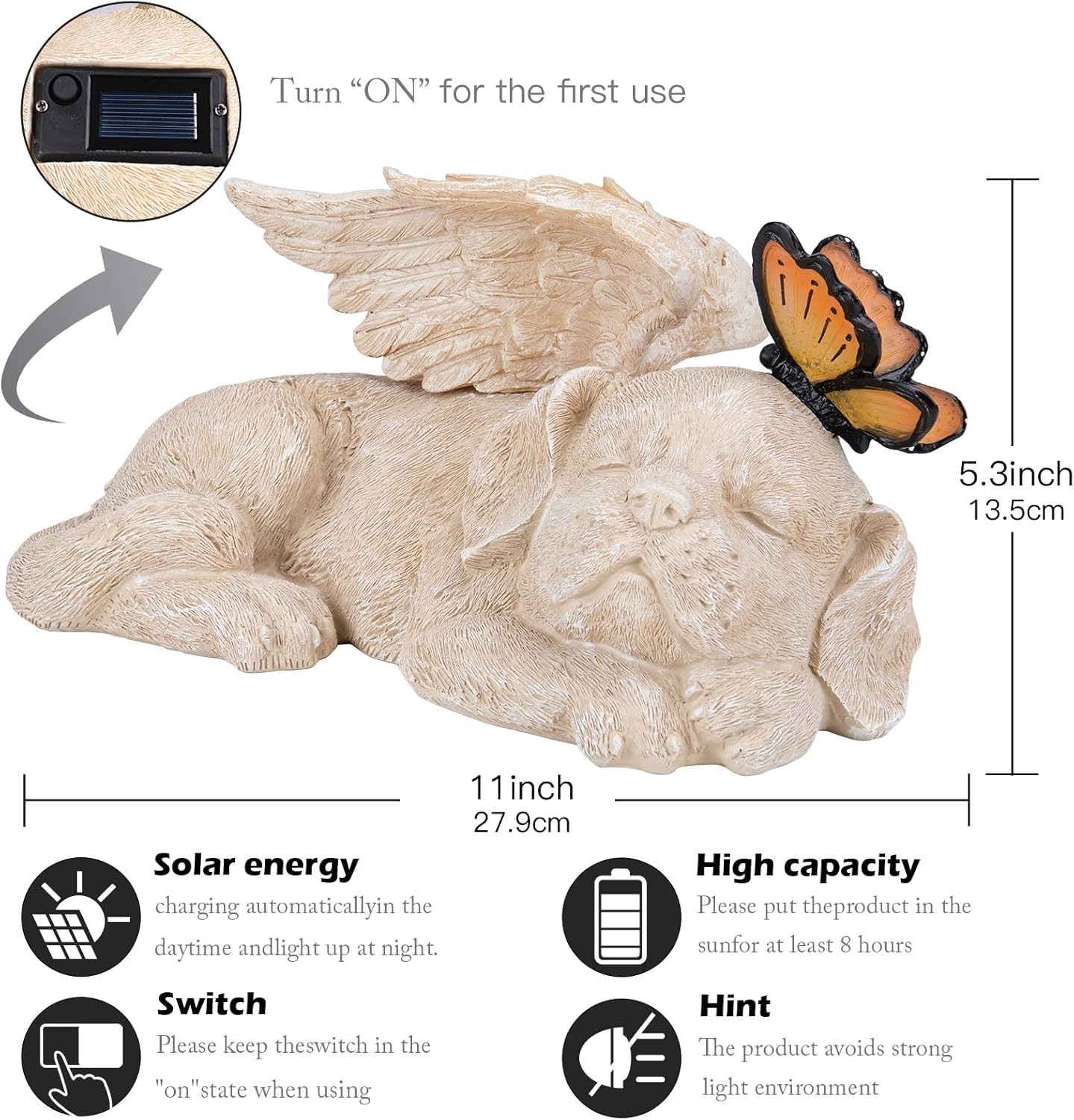 Beautifully Hand-Painted Sleeping Dog Angel Statue with Solar Illumination