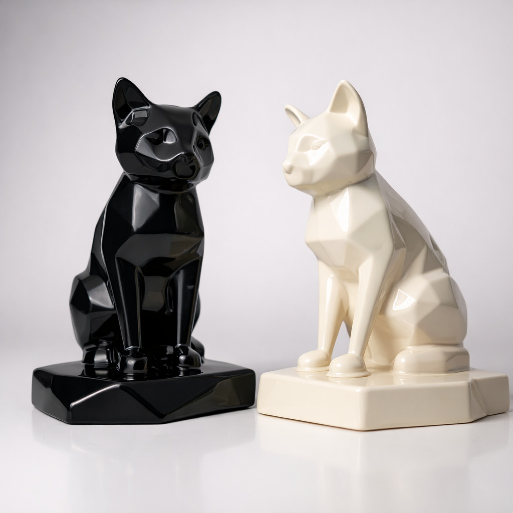 Pet Ashes Urn Geometric Cat Memorial – Glossy Ceramic – Black / White