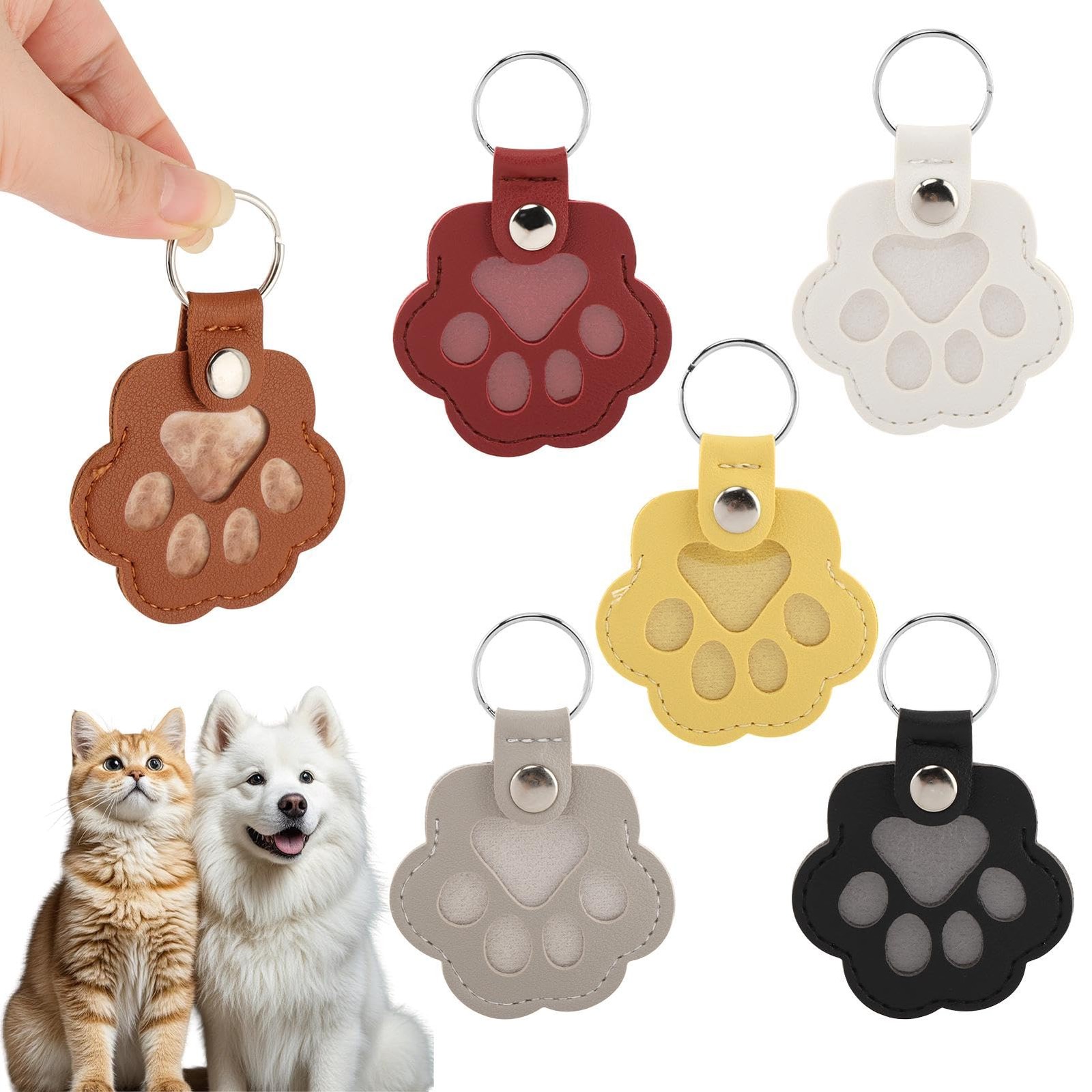 Pet Fur Keepsake Keychain Set, 6 Pack Paw Shaped Cat and Dog Hair Holder Keyc…