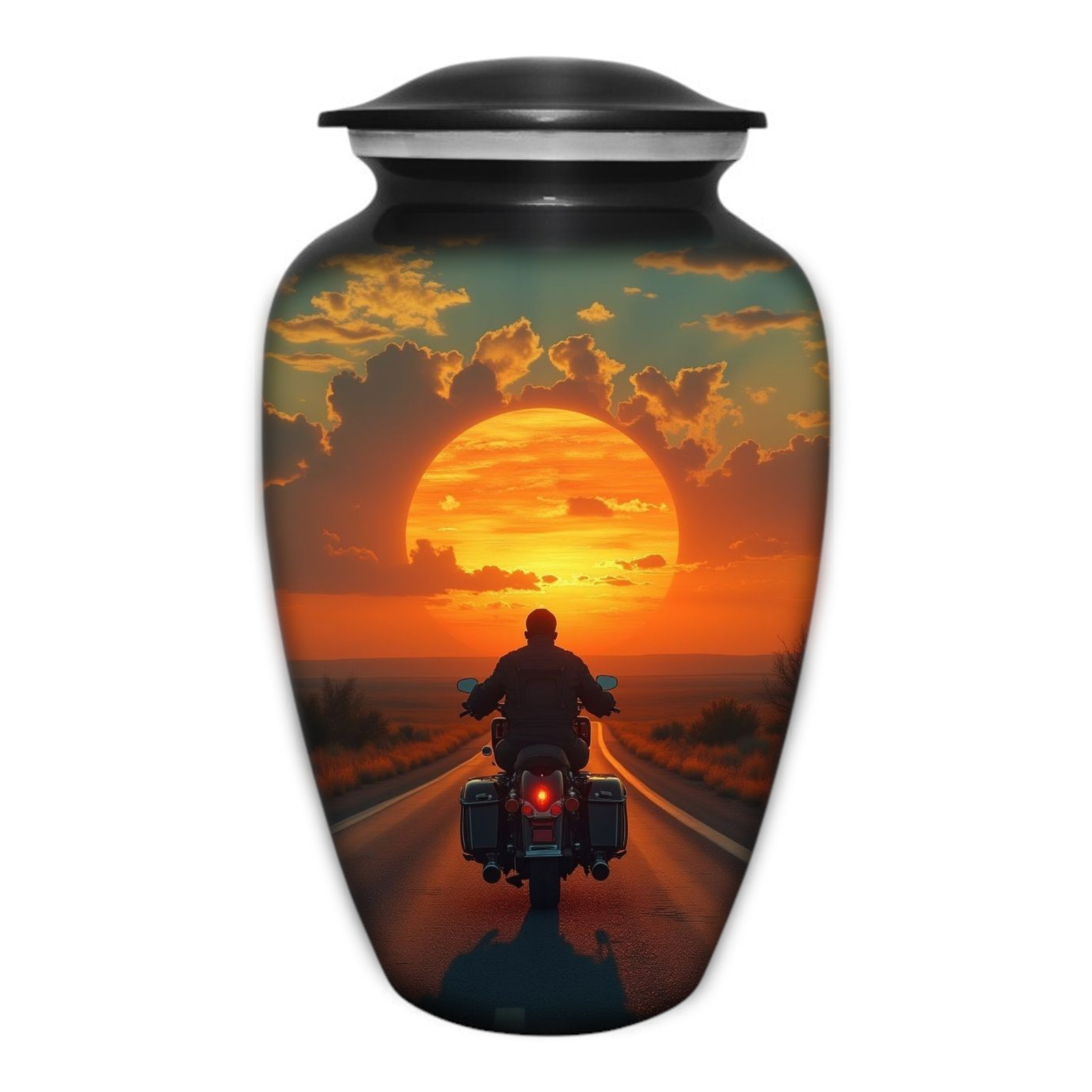 Large Cremation Urn for Human Ashes Adult Motorcycle Rider Sunset 190 Cubic In