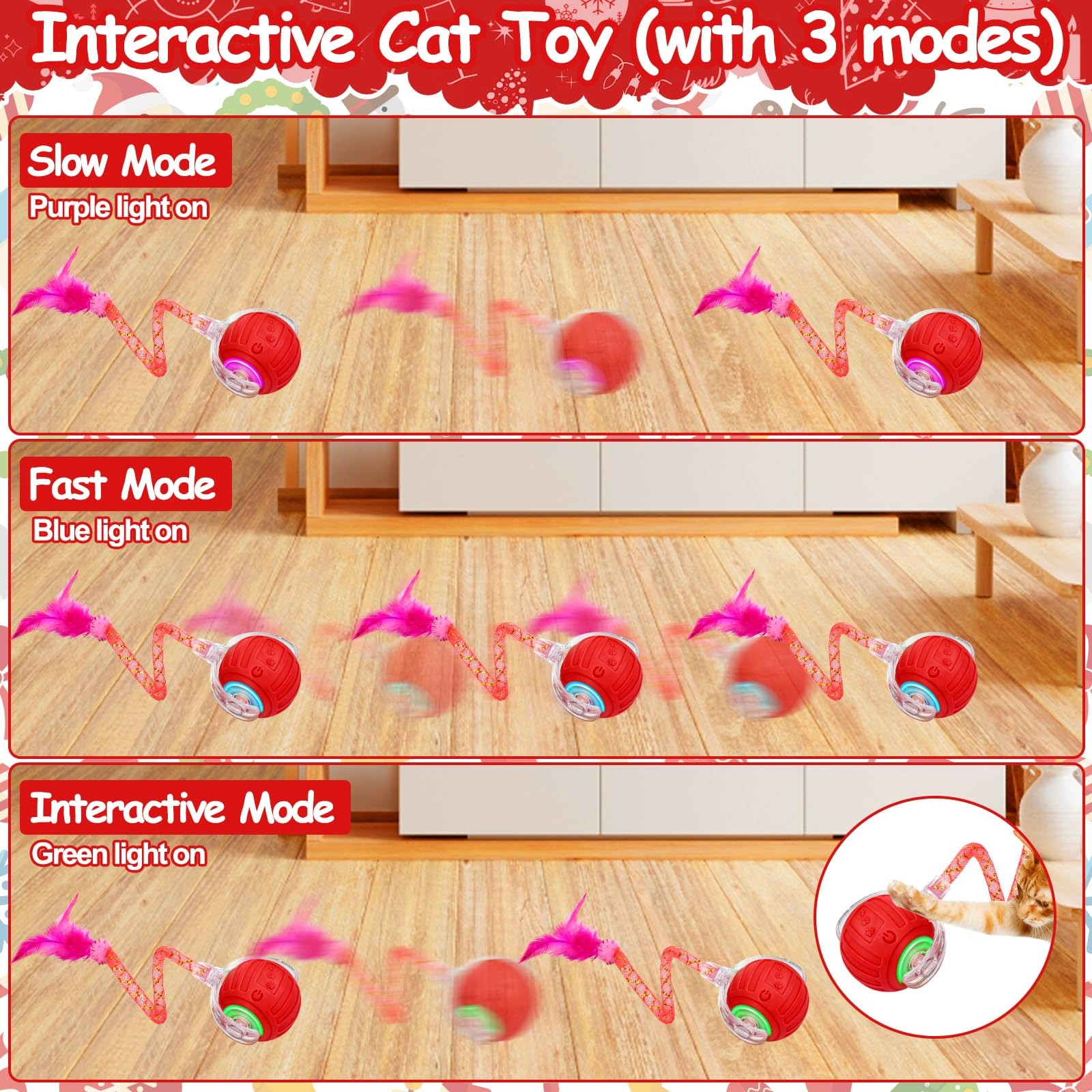 Interactive Cat Toy Ball – Christmas Cat Toy for Indoor Cats w/ Feather Tail