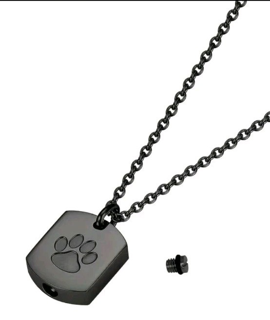 Paw Print Urn Pendant Memory Necklace Dog Cat Ashes Black Rectangle (JN)