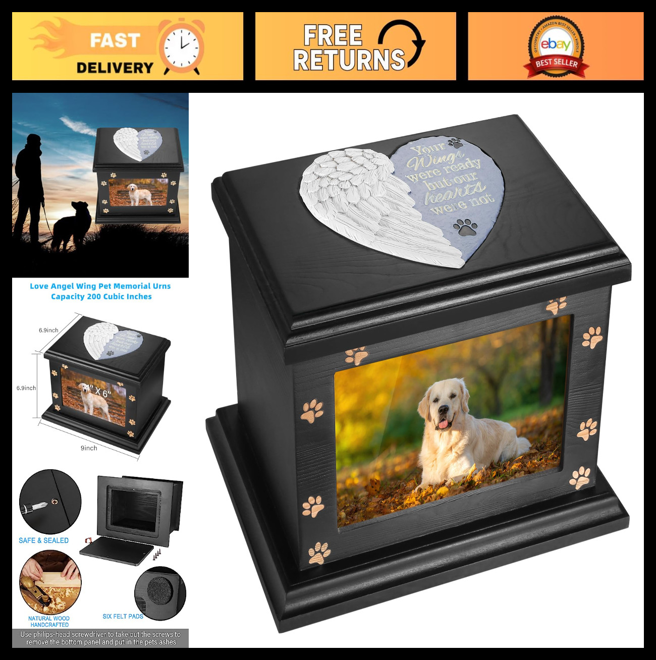 Large Wooden Pet Memorial Urn for Dogs & Cats, Cremation Keepsake Box with Photo