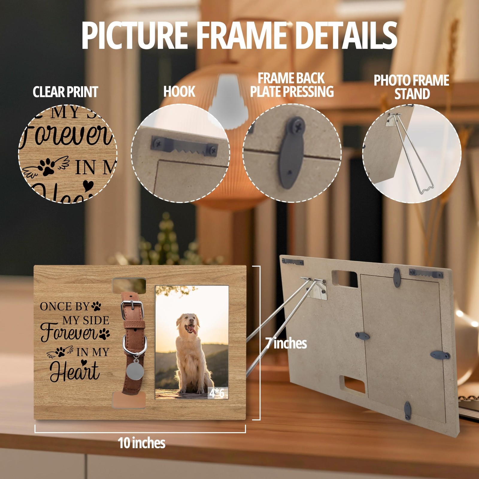 Dog Cat Pet Memorial Picture Frame with Collar Holder, 7×10 Inch, Wooden, Cla…