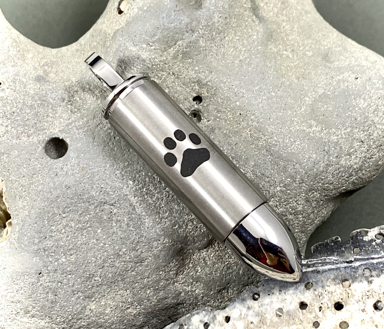 Mens Bullet Cremation Necklace Pendant Urn 4 Ashes LARGE VIAL Pet Paw Print Dog
