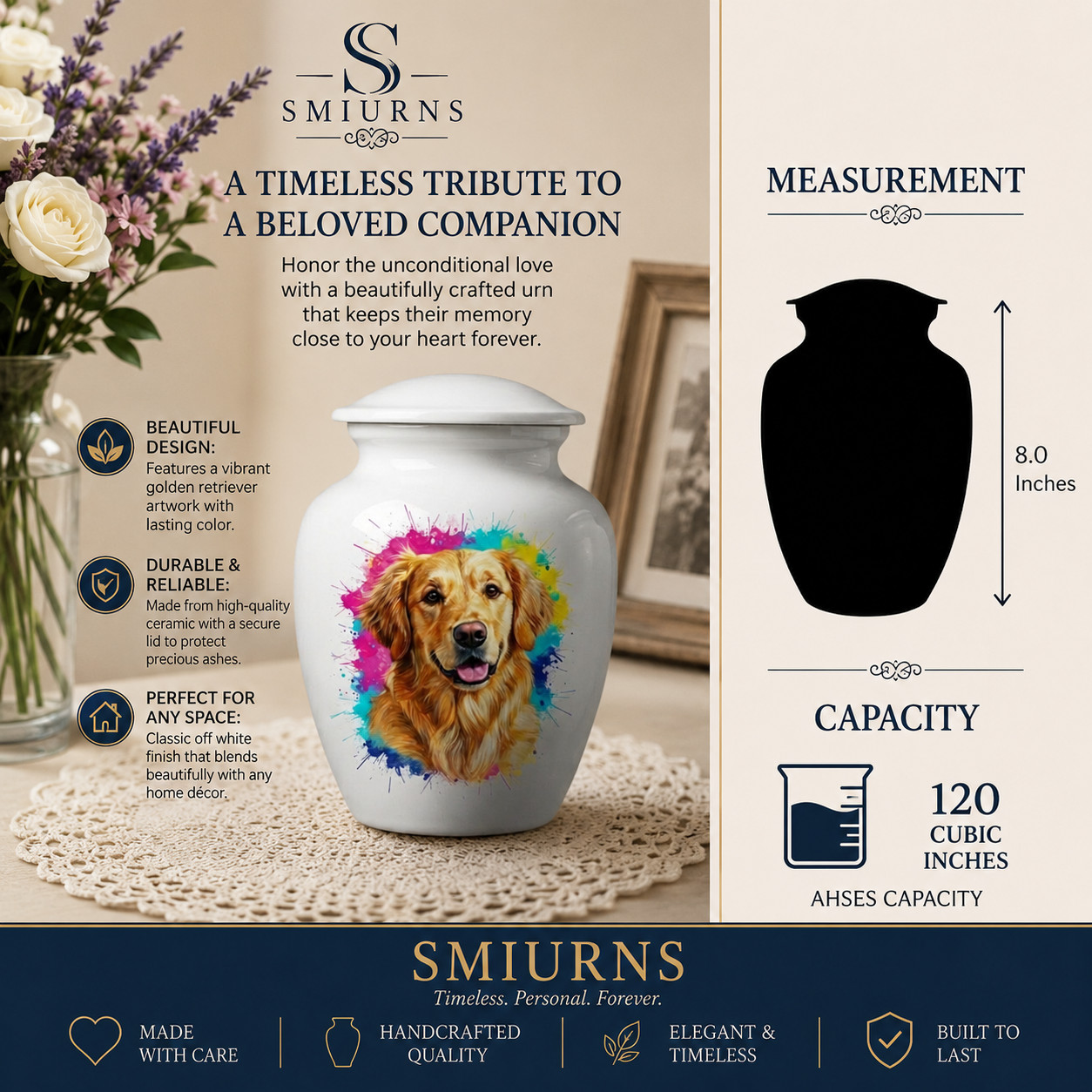 8 Inch Dog Cremation Urn for Pet Memorial Ashes Medium Metal Urns Loss Gift New.