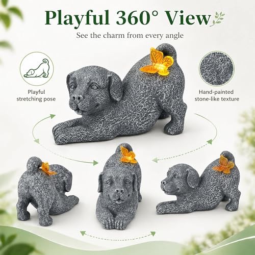 Solar Dog Statue with Butterfly Light, Outdoor Puppy Resin Garden Figurine for