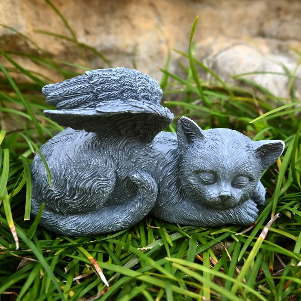 Angel Cat Memorial Stones Statue Sleeping Ornament for Kitten Passed Away Ber…