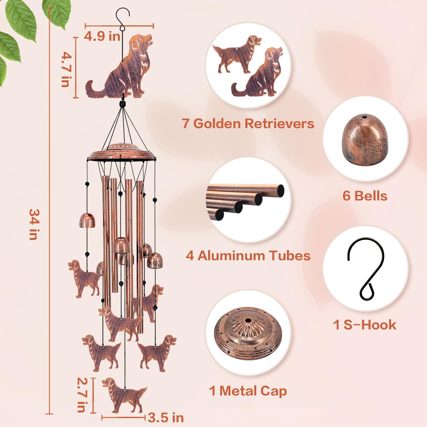 Golden Retriever Dog Wind Chimes for Outside,Dog Gifts for Women Men/Memorial Gi