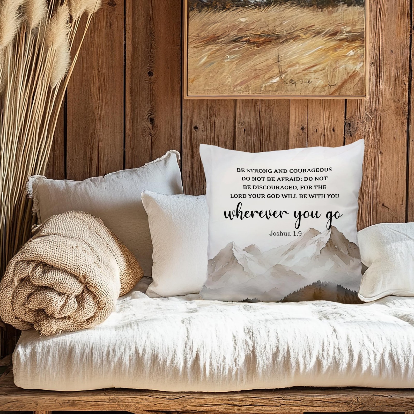 Christian Mountian Watercolor Decorative Throw Pillow Covers, Bible Verse Scr…