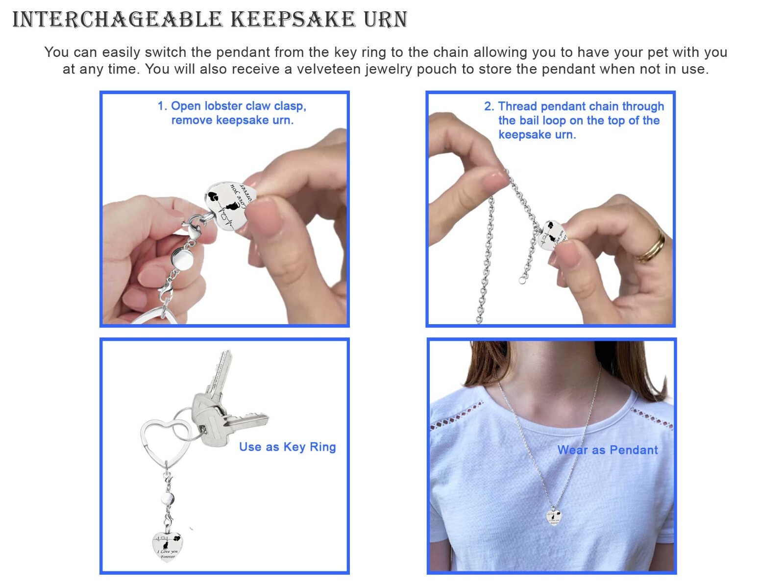 Forever Loved Cat Keepsake Urn Interchangeable Necklace or Key Ring, Engravable