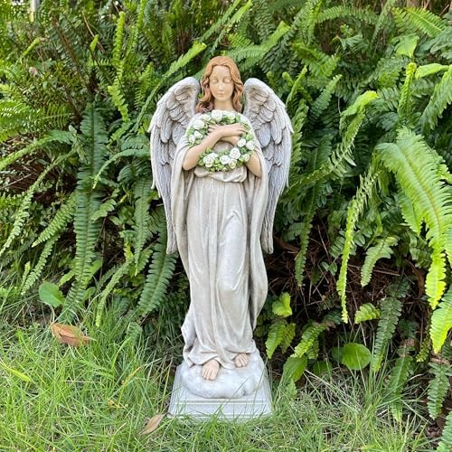 Garden Angel with Flower Wreath Statue – 16″ Outdoor Memorial Angel Decor