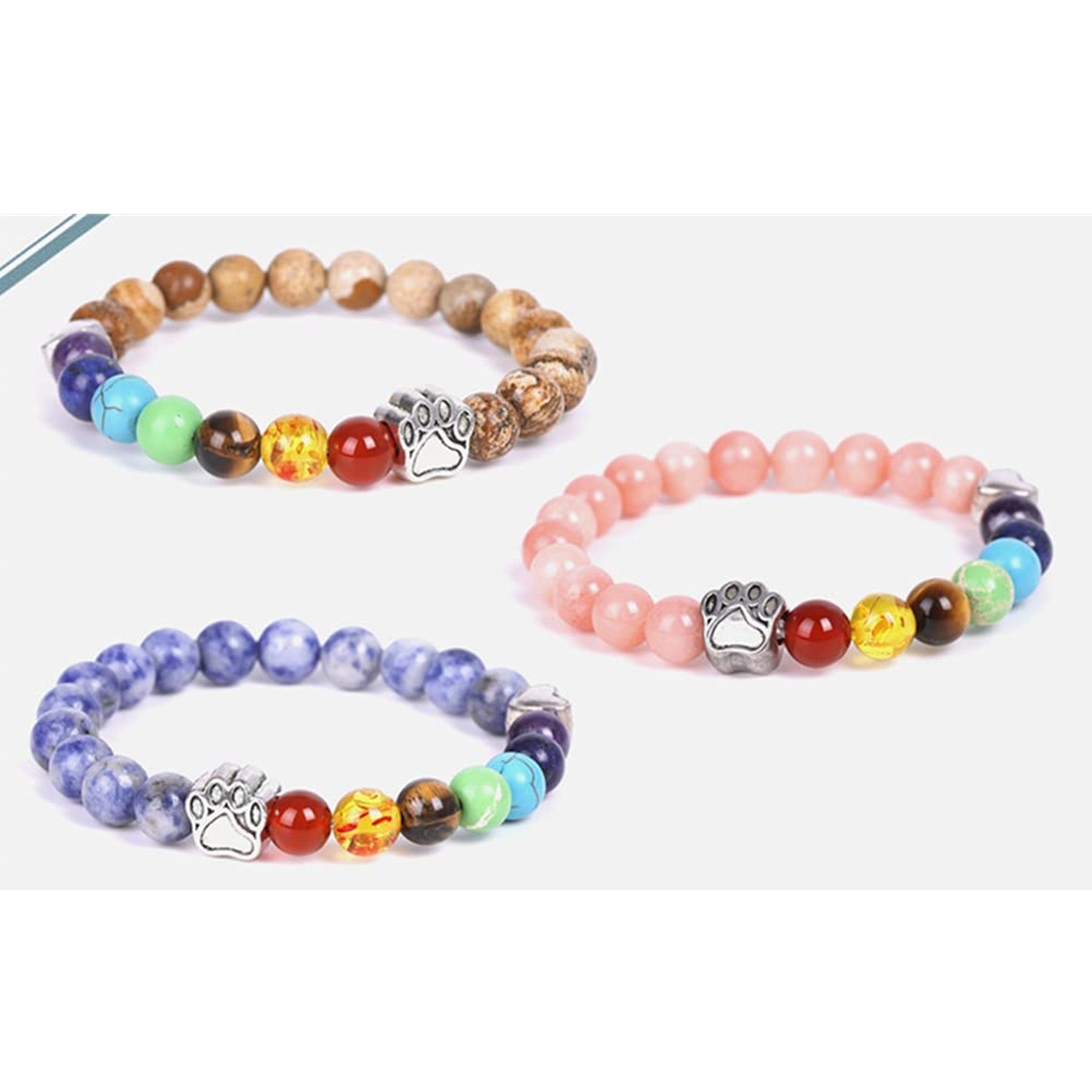 Pet Memorial Dog Paw Print Charm Bracelet 7 Chakra Semi Precious Stones Gemst…
