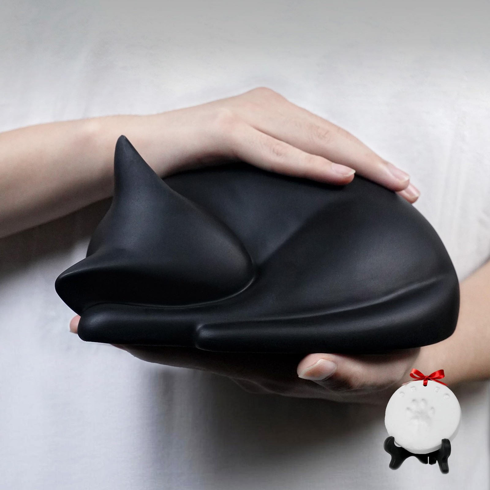 Sleeping Cat Urn for Ashes with Paw Print Kit, Capacity 0.5L, Carefully Black