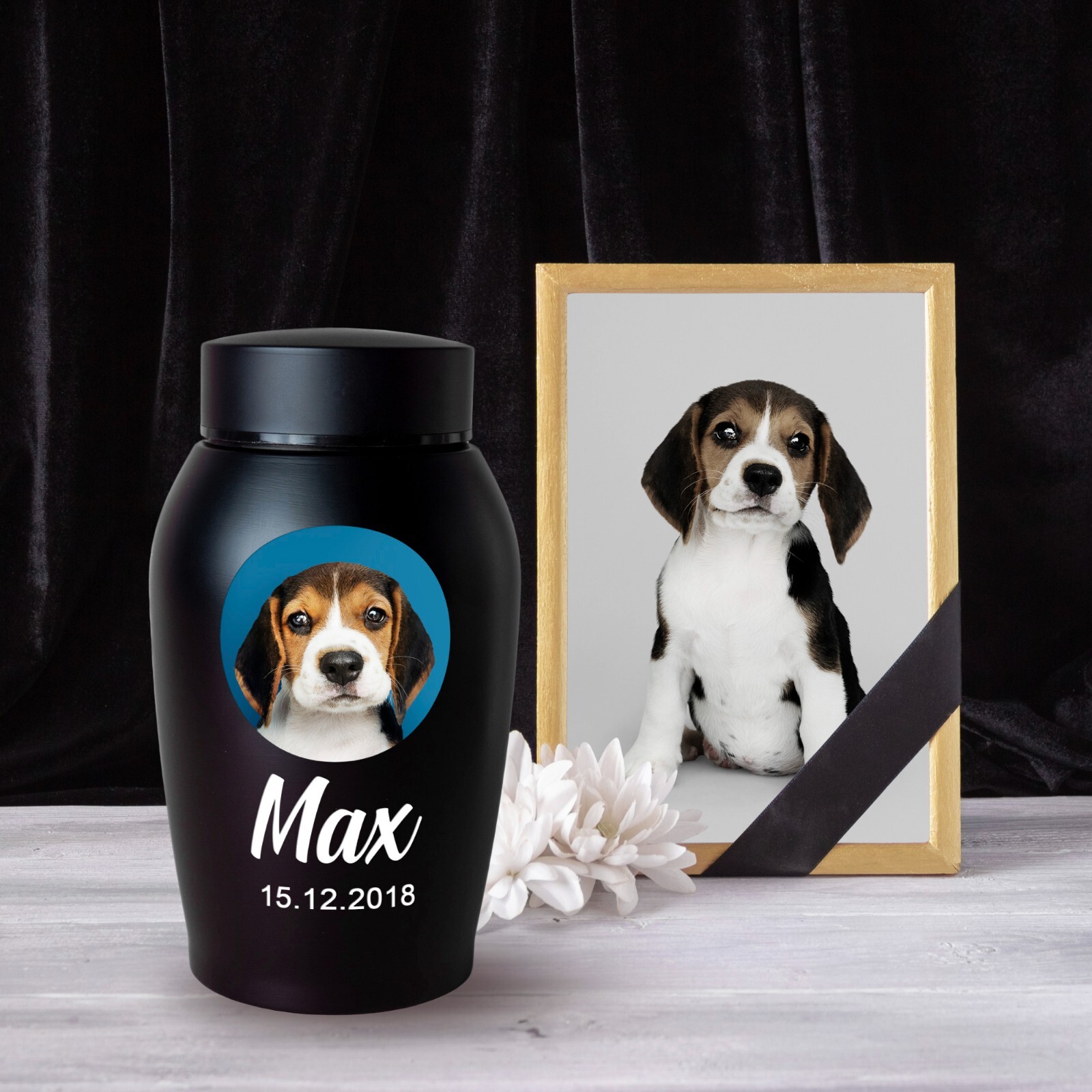 Custom pet photo urn for dogs ashes, personalized dog memorial cremation urn