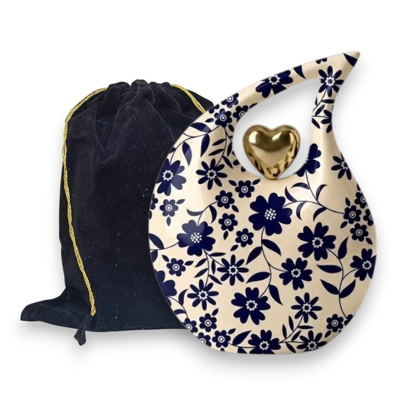 Blue Daisy Floral Aluminum Cremation Urn 200 Cu In Adult Ashes Gold Heart