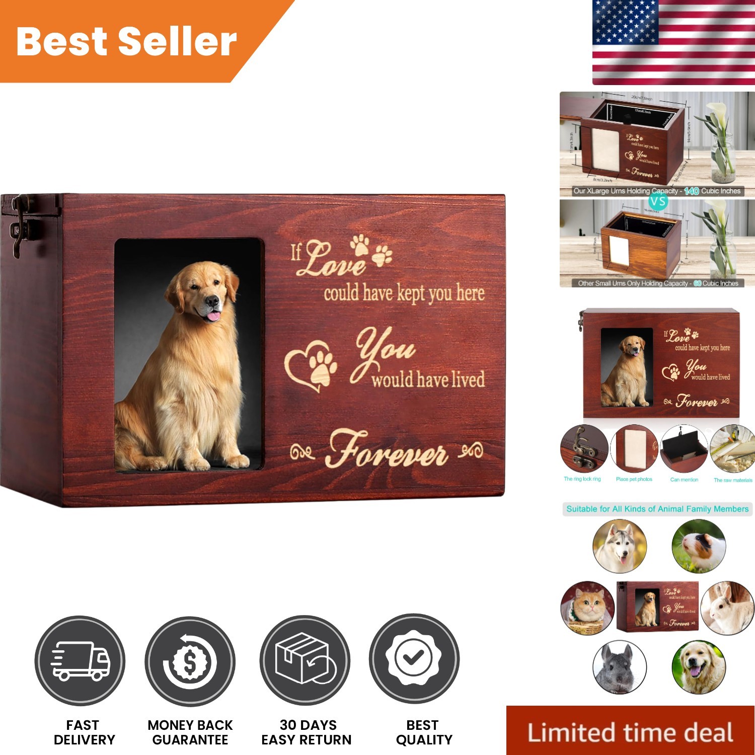 Elegant Wooden Pet Memorial Urn for Dogs or Cats, 140ci – Photo Frame Included