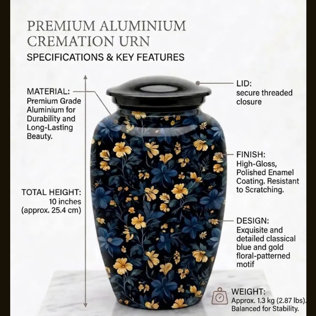 Blue Floral Cremation Urn for Ashes 190 Cu In Adult Memorial Urn w/Bag 10″x6.5″