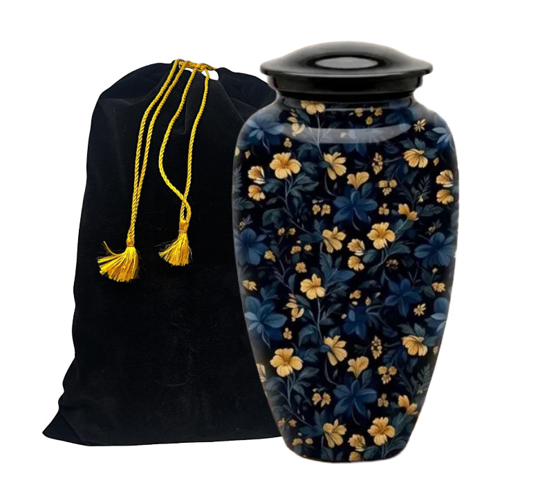 Blue Floral Cremation Urn for Ashes 190 Cu In Adult Memorial Urn w/Bag 10″x6.5″