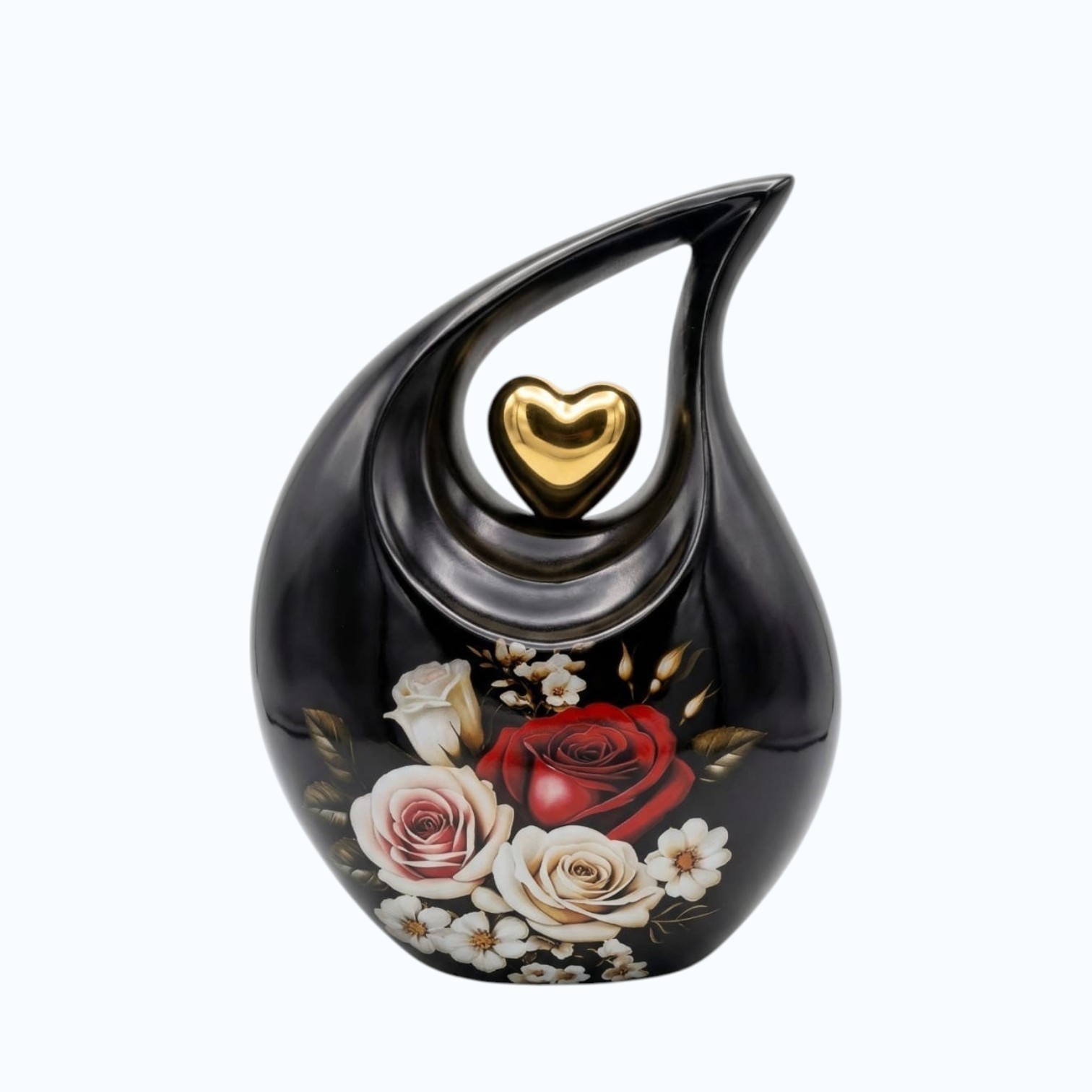 Black Teardrop with Golden Heart & Flower Print Urn for Ashes Men Women w/ Bag