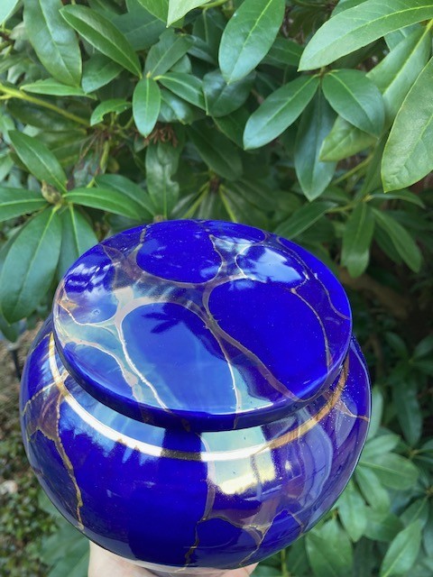 Handmade Ceramic Cremation Urn Keepsake Vessel in Royal Blue with Gold, 150 ci