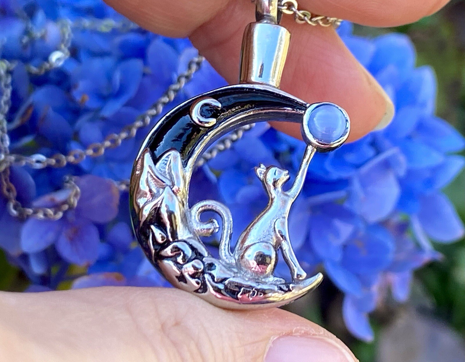 Cat Moon Stone Cremation Necklace Holds Ashes Urn Pendant Jewelry Gift Kitty Lov