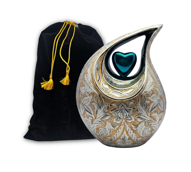 Elegant Teardrop Cremation Urn Hand-Engraved Aluminum with Teal Heart Accent