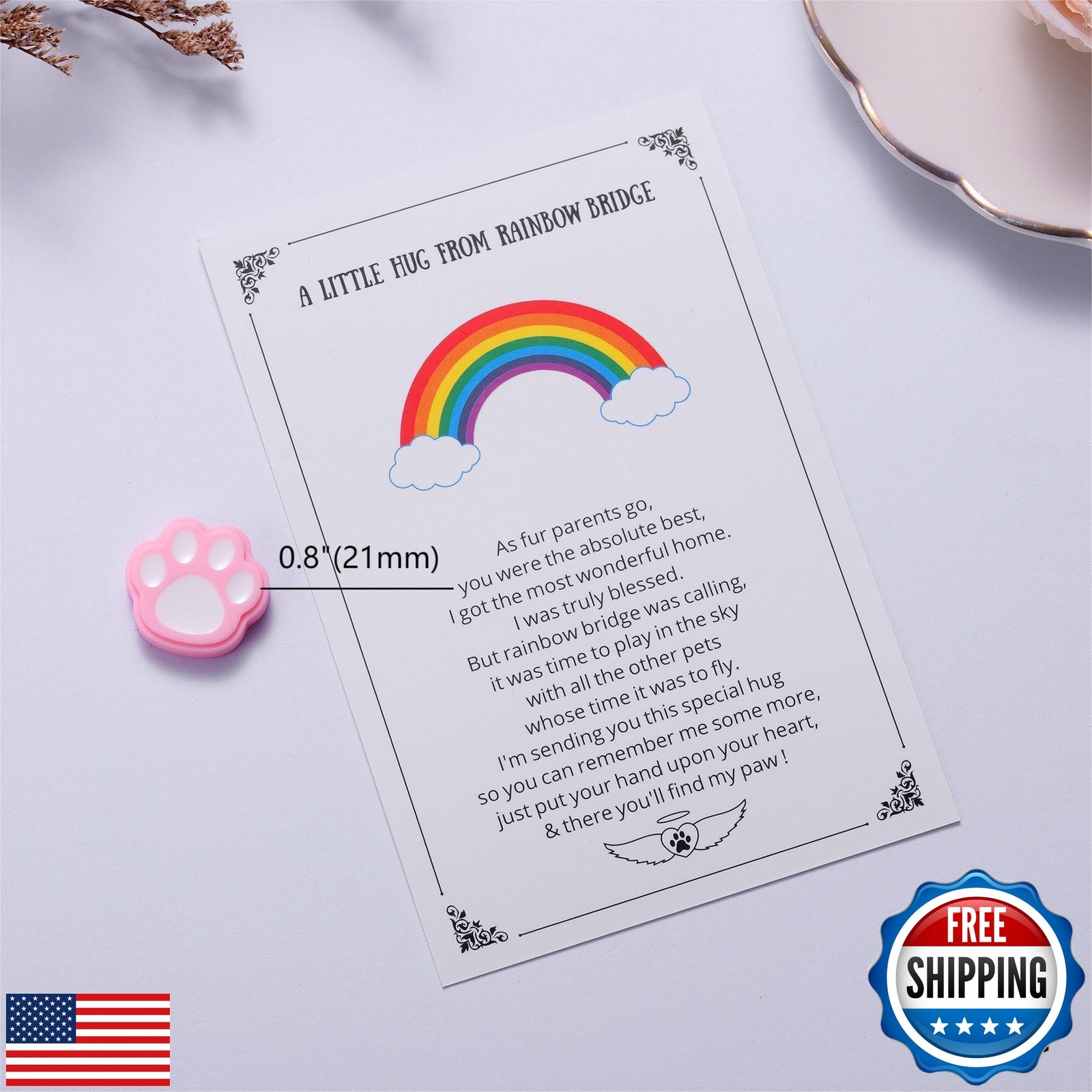 Pet Memorial Keepsake, Rainbow Bridge Pocket Hug with Paw Print Token, Sympat