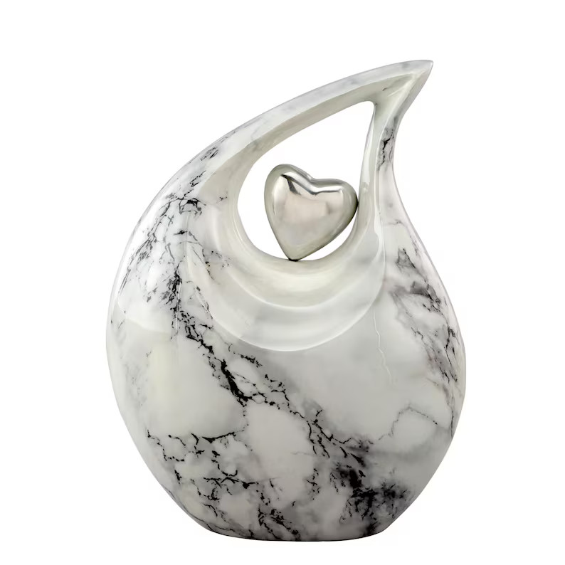 White Black Marble Teardrop Cremation Urn Adult Human Ashes for Male & Female