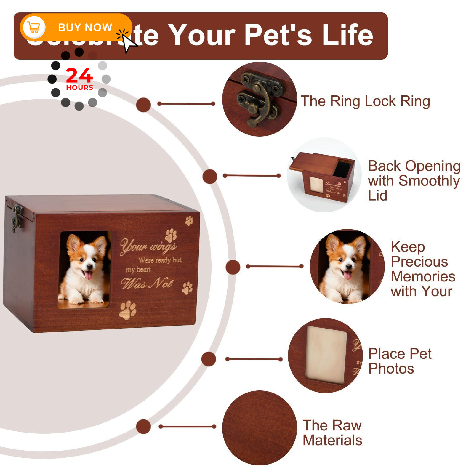 MFBJXC Pet Memorial Urns for Dog or Cat Ashes, Large Wooden Funeral Brown