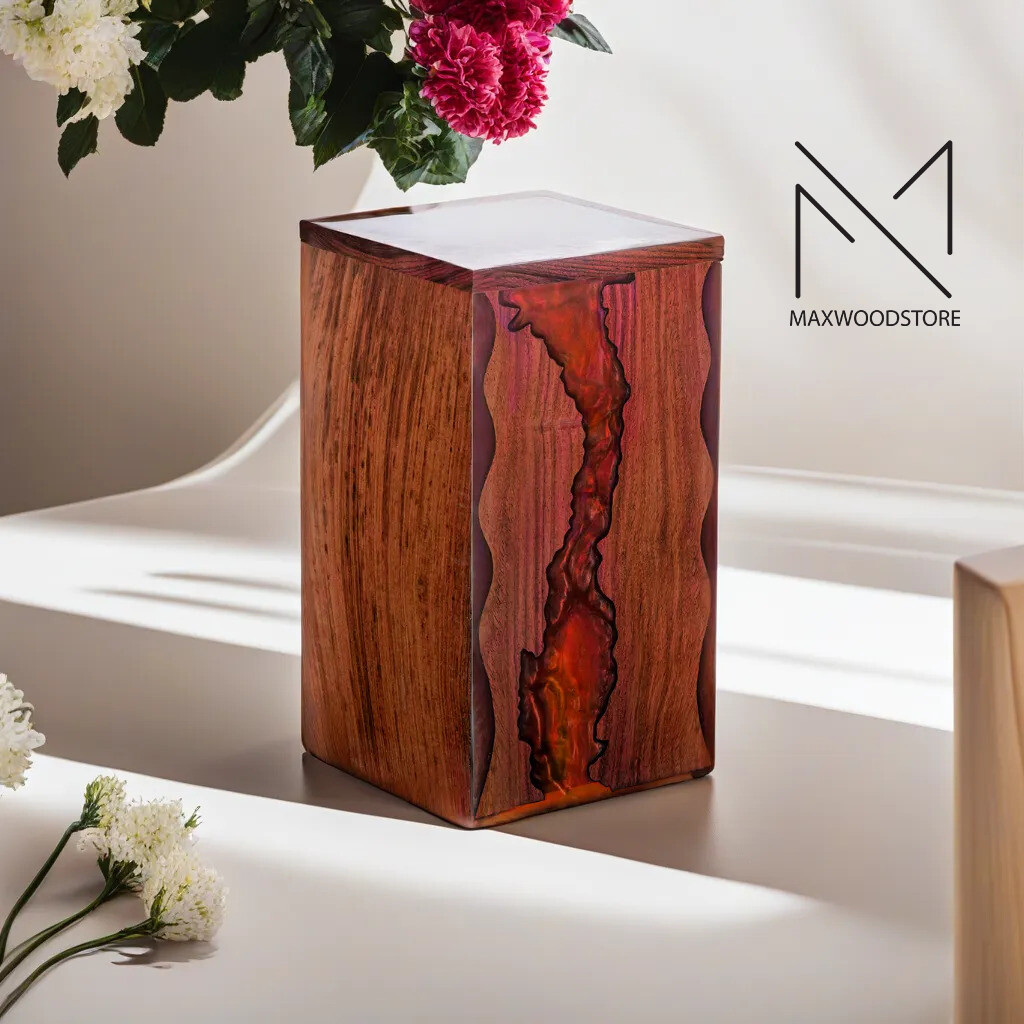 Wooden Urn Box-Urn Box-Rosewood and Red Resin Design Urn Box For Human Ashes