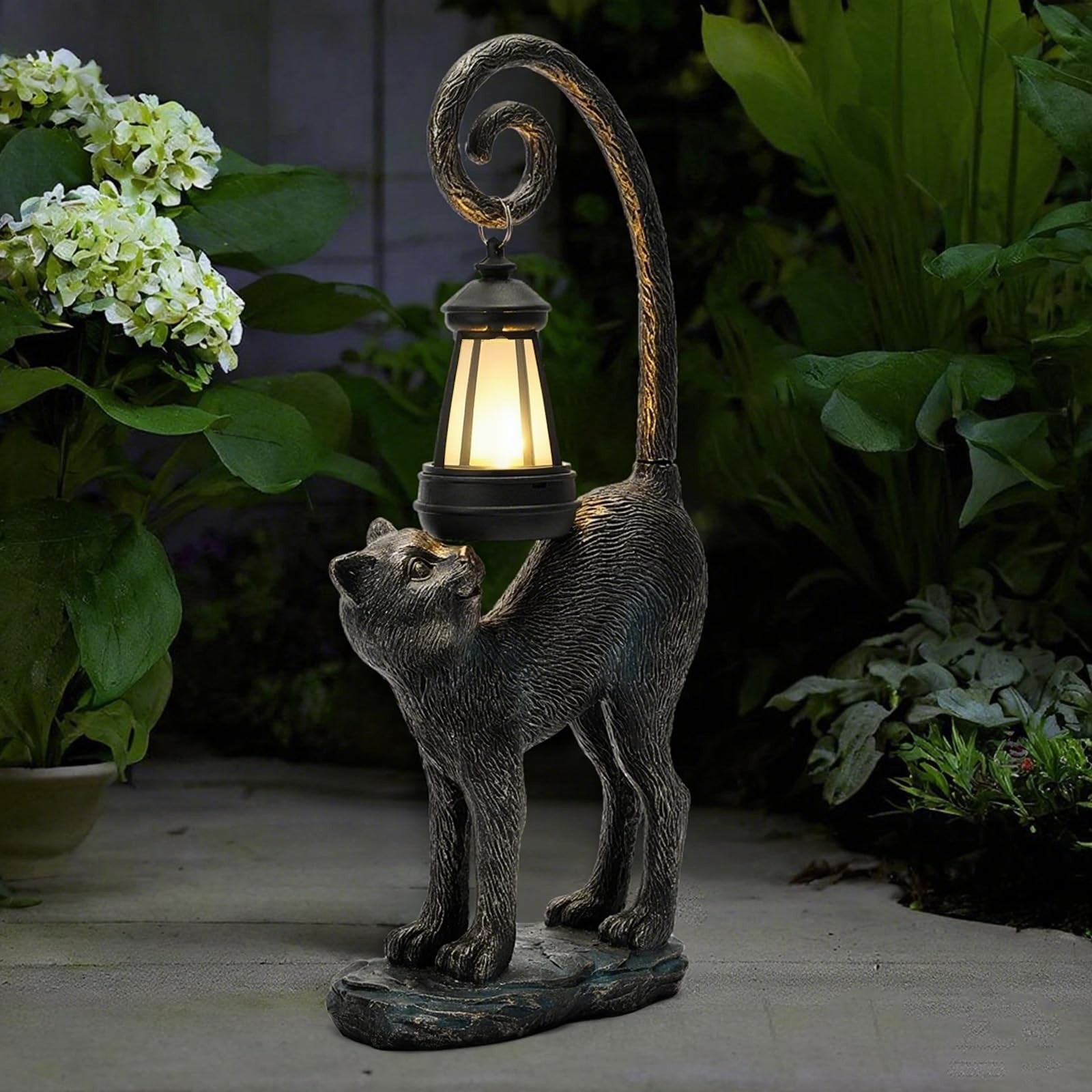 Solar Cat Garden Decor Outdoor Statue – Cat with LED Waterproof Sculptures Li…