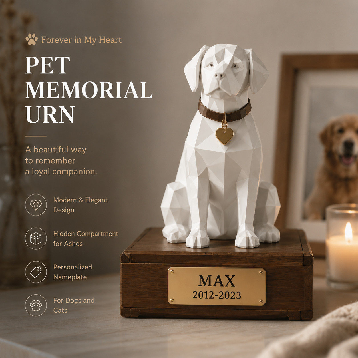Personalized Pet Memorial Statue Urn – Custom Nameplate for Dog & Cat